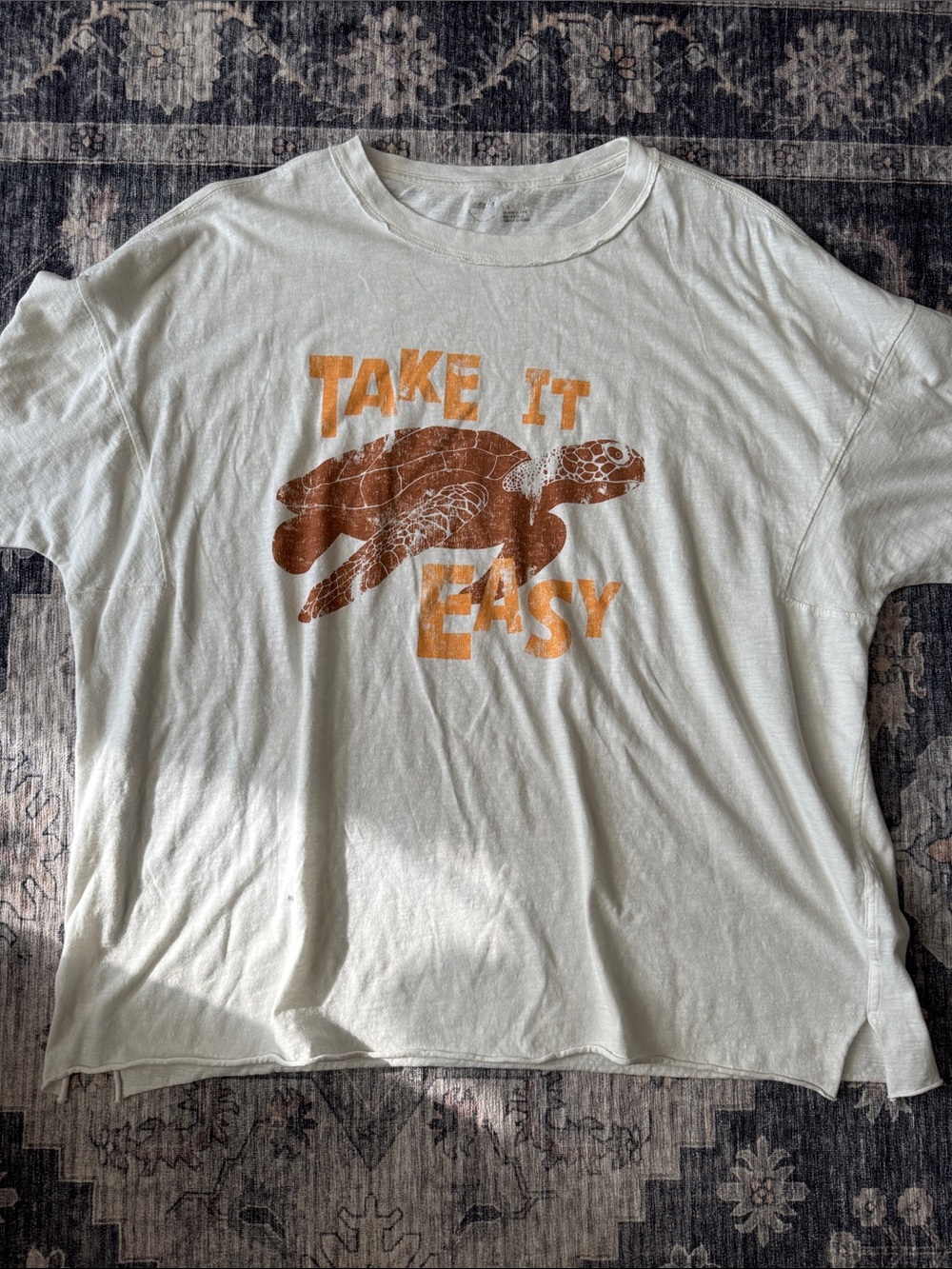 aerie White Tee with Brown Turtle and Orange 'Take It Easy' Print